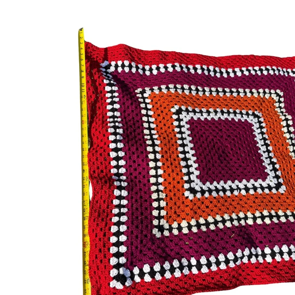 Vintage Handmade Crochet Granny Square Afghan Blanket 36x36 Red Orange Purple‎